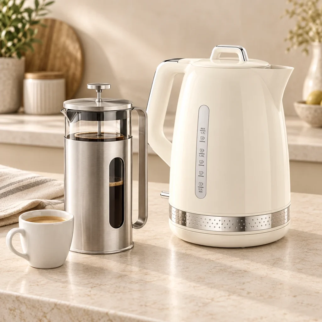 Cafetière à piston et bouilloire sur un plan de travail