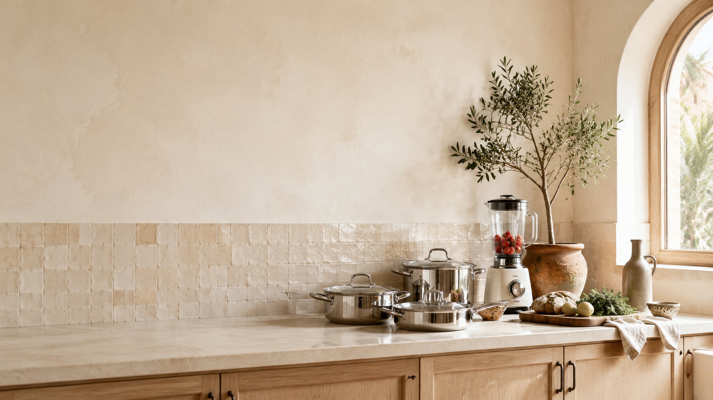 Cuisine lumineuse avec batterie de cuisine inox et blender